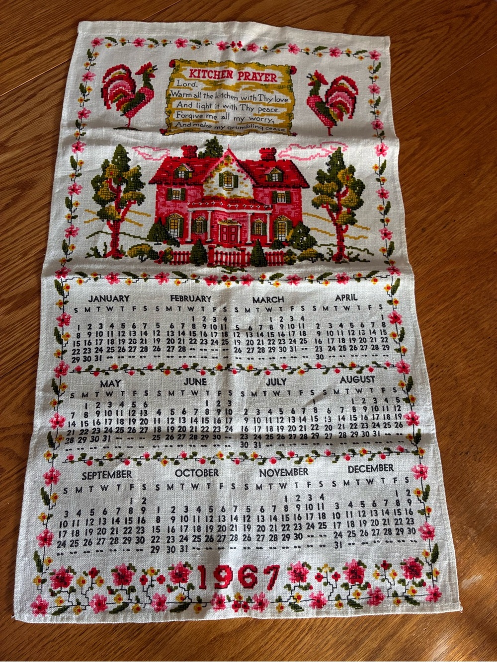 Vintage 1967 Cross-Stitch Calendar Kitchen Towel